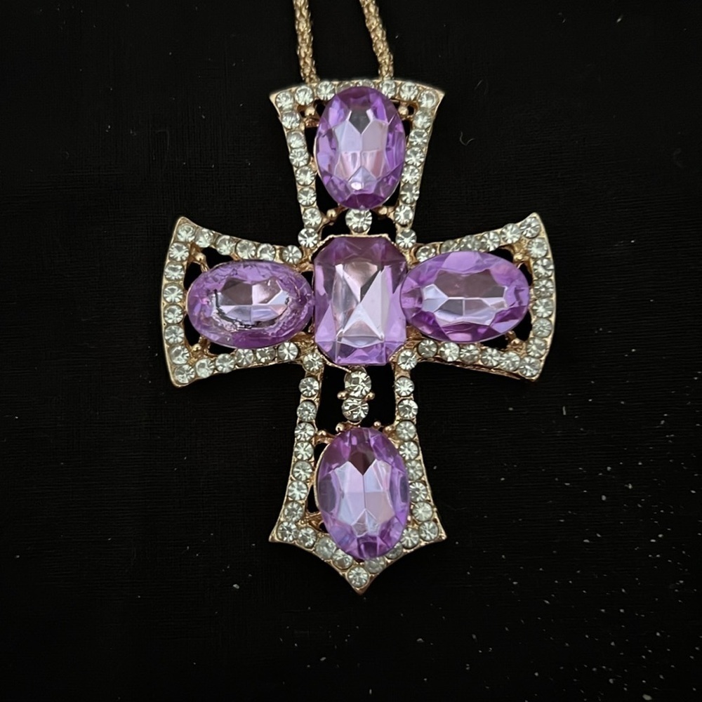 Betsey Johnson Gold Purple Crystal Cross Necklace - Picture 4 of 4